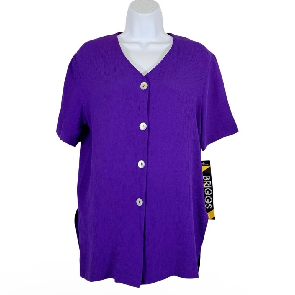 Briggs New York Purple Blouse Button Front Short Sleeve Textured Top Size S NWT